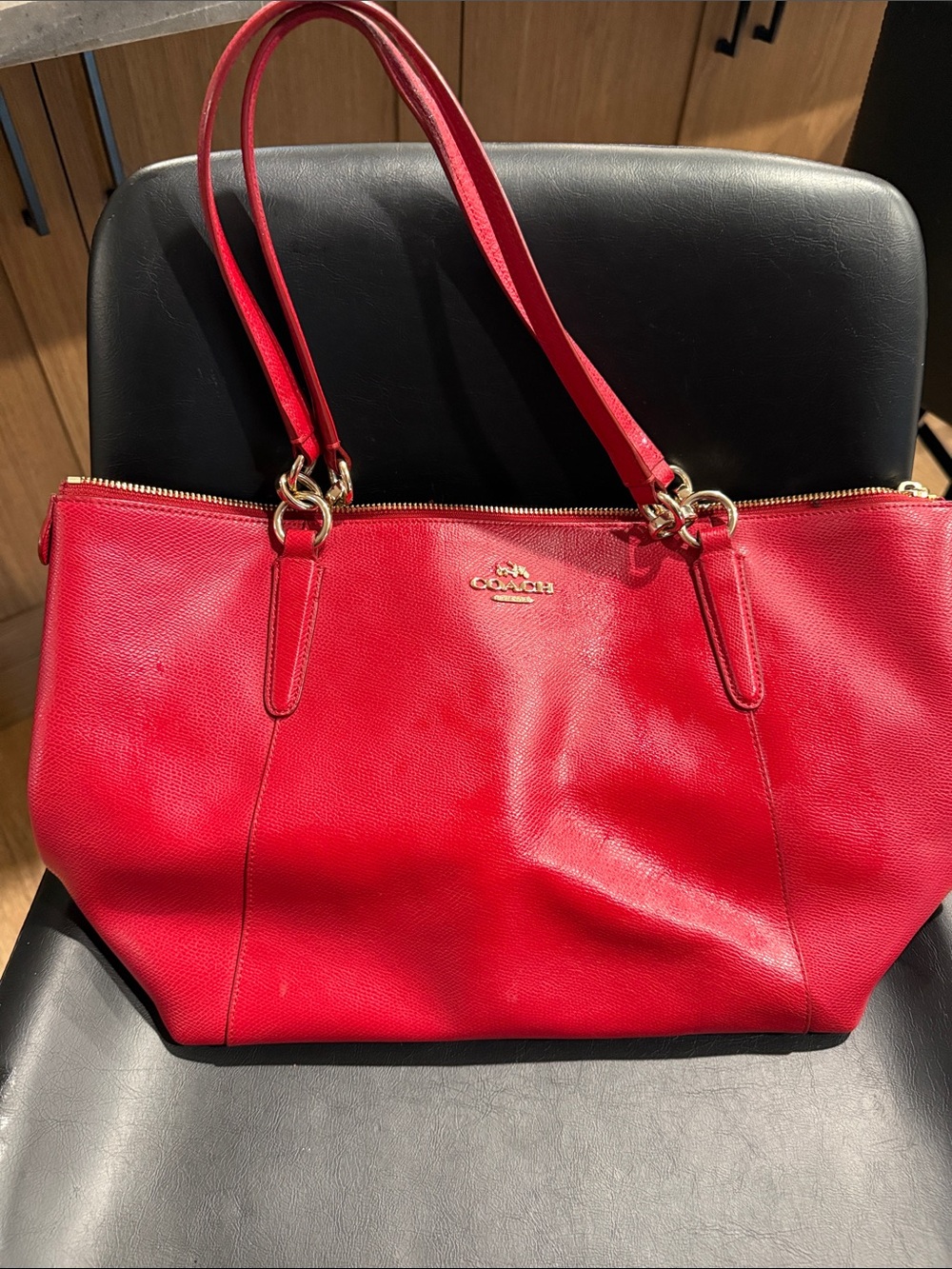 Coach Red Leather Tote with Gold Accents